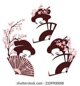 beautiful japanese geisha hiding face behind fan among blooming sakura tree branches - spring season vector portrait of asian beauty