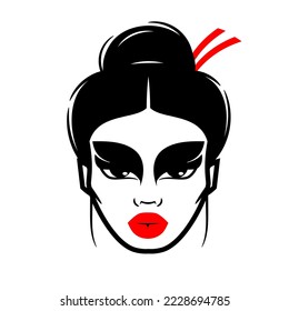 Beautiful Japanese Geisha Holds Red Fan Vector Illustration.