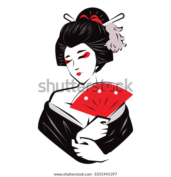 日本の美しい芸者が赤い扇子のベクターイラストを持つ のベクター画像素材 ロイヤリティフリー