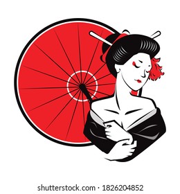 Beautiful Japanese Geisha with red umbrella Vector Illustration