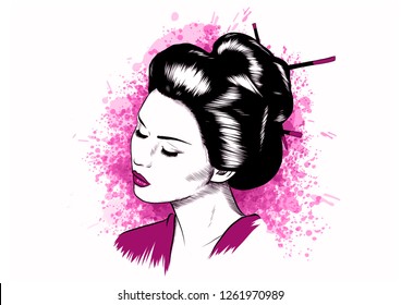 Beautiful Japanese Geisha Vector Illustration.