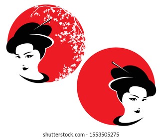 beautiful japanese geisha woman head against red sun and blooming sakura branches - vector outline design set