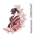 beautiful japanese geisha woman wearing traditional kimono among blooming sakura tree branches - seasonal decor vector portrait