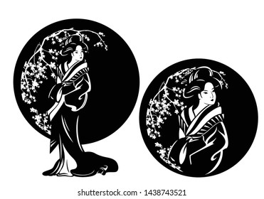 beautiful japanese geisha woman wearing traditional kimono standing among blooming sakura branches black and white vector design