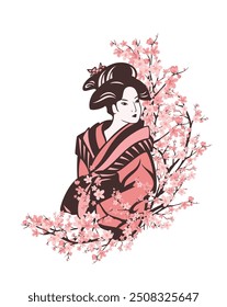 beautiful japanese geisha woman wearing traditional kimono among blooming sakura tree branches - seasonal decor vector portrait