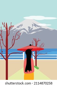 Beautiful Japanese girl carrying umbrella travelling in front of Mount Fuji. Japanese landscape vector illustration