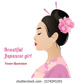 Beautiful Japanese girl geisha woman in profile in a national costume of pink color kimono. Isolated vector illustration on white background