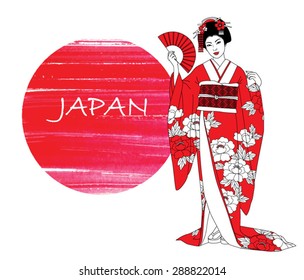 Beautiful japanese girl in kimono on a abstract watercolor red background. Vector illustration.