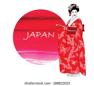 Beautiful japanese girl in kimono on a abstract watercolor red background. Vector illustration.