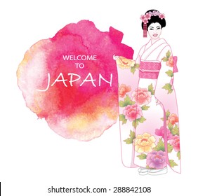 Beautiful japanese girl in kimono on a watercolor background. Vector illustration.