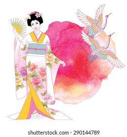 Beautiful japanese girl in kimono on a watercolor background with storks. Vector illustration.