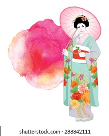 Beautiful japanese girl in kimono and with umbrella. Vector illustration.