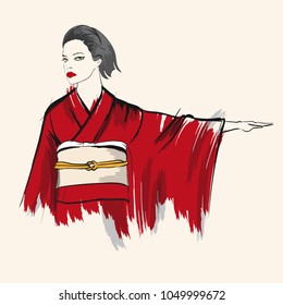 Beautiful japanese girl in kimono. Vector illustration. Fashion & Style. Human. Japan and China. Vector illustration for a postcard or a poster.