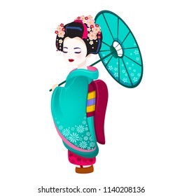 Beautiful japanese girl in kimono Young Geisha with green umbrella hanami sakura blossom old kimono makeup maiko hair style shy Japanese with eyes closed at the festival vector icon isolated on white