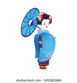 Beautiful japanese girl in kimono Young Geisha with blue umbrella hanami sakura blossom old kimono makeup maiko hair style shy, Japanese with eyes closed at the festival vector icon isolated on white svg