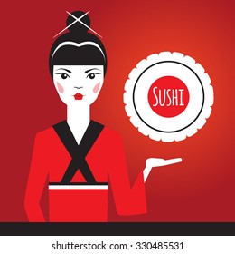 Beautiful Japanese girl in red kimono holding Stylized logo in the form of sushi on the palm. Traditional food. Vinegared rice, ingredients. Advertising character. Modern style linear flat design. 