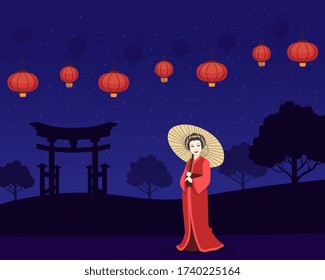 Beautiful Japanese Girl in Red Traditional Kimono Dress Standing on Background of Night Landscape Vector Illustration