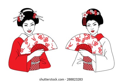 Beautiful japanese girls in kimono and with fans. Vector illustration set.