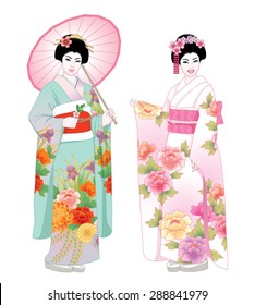 Beautiful japanese girls in kimono and with umbrella. Vector illustration set.