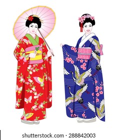 Beautiful japanese girls in kimono and with umbrella. Vector illustration set.