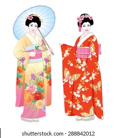 Beautiful japanese girls in kimono and with umbrella. Vector illustration set.