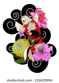 Beautiful Japanese koi carp coloring book and tattoo idea.koi on cloud with hibiscus flower and lotus tattoo