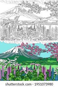 Beautiful Japanese landscape with a mountain. Mount Fuji Oriental Landscape coloring page