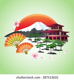 Beautiful Japanese landscape. Sakura blossom - cherry tree, fans, bonsai, pagoda, mountain, red rising sun - symbol of oriental culture, isolated on green background. Stylish abstract vector wallpaper