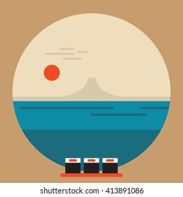 Beautiful Japanese landscape Travel banner with Mountain Fuji and Sushi