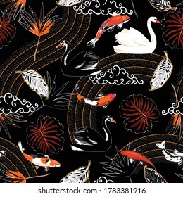 Hermoso patrón japonés de humor oriental con peces Koi animales, cisne, olas y hojas nube china diseño vectorial sin fisuras para tela de moda, papel pintado, envoltura y todo impreso en negro