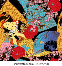 
Beautiful Japanese seamless pattern. Beautiful bright ethnic illustration