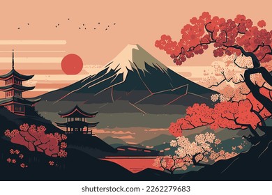 Hermosa ilustración paisajística al estilo japonés