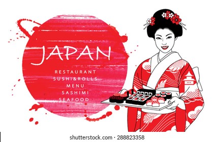 Beautiful japanese waitress in kimono holding tray with sushi and rolls on a abstract watercolor red background. Vector illustration.