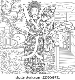 Beautiful japanese woman in floral garden. Adult coloring book page in mandala style