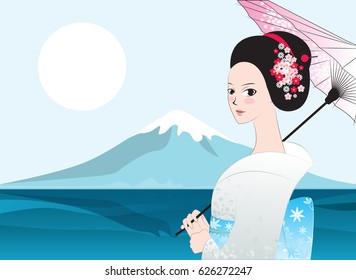 Beautiful japanese woman. Fuji mount