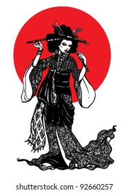 Beautiful japanese woman with hairpins on white background with red circle