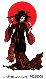Beautiful japanese woman with hairpins on white background with red circle.