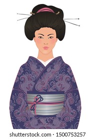 Beautiful japanese woman in kimono (traditional dress) with pink floral sakura pattern. Vector illustration isolated on white.