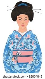 Beautiful japanese woman in kimono (traditional dress), isolated on white background