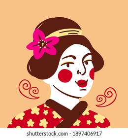 Beautiful japanese woman portrait with traditional kimono, hair style, japanese makeup. Hand drawn geisha or kabuki theatre actress portrait. Asian woman vector stock illustration. Traditional fashion