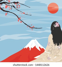 Beautiful Japanese woman sitting with mount Fuji cartoon illustration