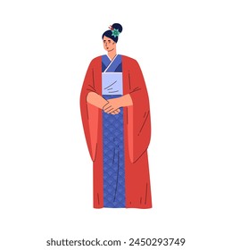 Beautiful Japanese woman in traditional costume red kimono vector flat illustration. Oriental geisha with flower in hair. Asian female Japanese national fashion and culture isolated on white