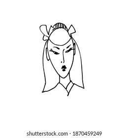 Beautiful Japanese woman with traditional national hairstyle. A hand-drawn sketch. Black and white vector illustration