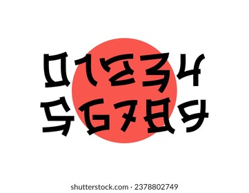 Beautiful Japanese-style numbers. Lettering. Black vector numbers on a white background with a red circle. The Japanese flag.