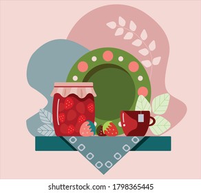 a beautiful jar of jam on an abstract background and a Cup of tea
