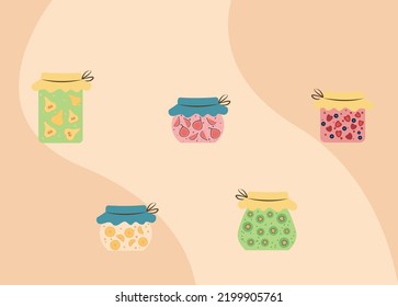 Beautiful jars with jam on a beige background