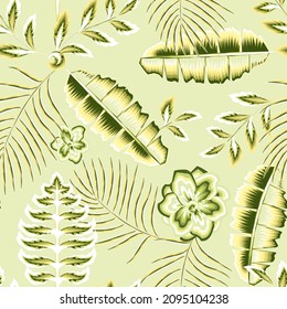 beautiful jasmine flower seamless pattern fashionable texture with green banana palm leaves and plants foliage in monochromatic style on light background. Floral background. Exotic tropics. Summer 