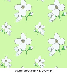 Beautiful jasmine flower seamless pattern. Outline vector illustration. Botanical drawing. Abstract background. Vector graphic. Health care illustration. Spring blossom. Pattern design.