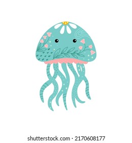 Beautiful jellyfish with floral pattern in pink and turquoise color isolated on white background. Vector Illustration. Cartoon illustration for kids clothes, greeting card or poster. 