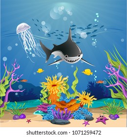 beautiful jellyfish in the ocean. There are corals, fish, anemones and algae. vector illustration